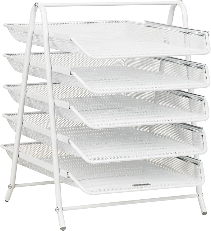 Mind Reader 5-Tier Paper Tray Organizer, Vertical Desktop File Storage Rack, Office, Metal Mesh, White