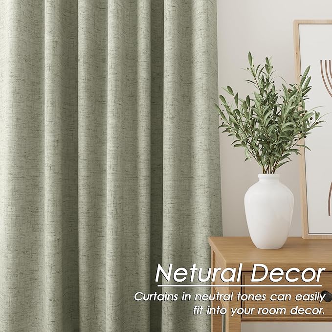 100% Blackout Linen Curtains 84 Inch Length 2 Panels Sage Green Light Blocking Darkening Living Room Curtains 84 Inches Long Elegant Modern Back Tab Pocket Noise Reducing Drapes for Nursery 52X84
