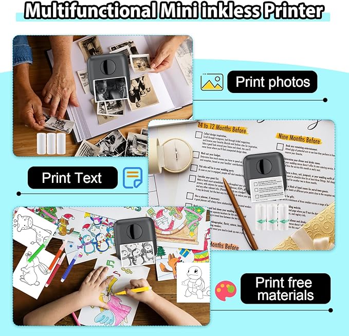HuiJuKeJi Mini Sticker Printer Bluetooth Smart Pocket Inkless Thermal Printer with 11 Rolls Thermal Paper and Sticker for iOS&Android, Portable Receipt Printer for Photo Journal Notes Memo