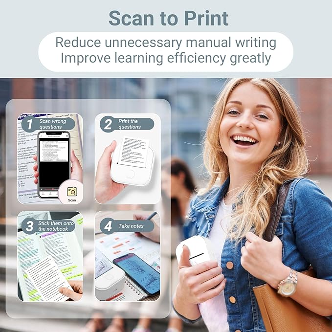 Memoking Mini Portable Printer - T02 Inkless Pocket Thermal Sticker Maker Mini Sticker Printer Mobile Label Maker for Student, Gift, White (Bunny Case Not Included)