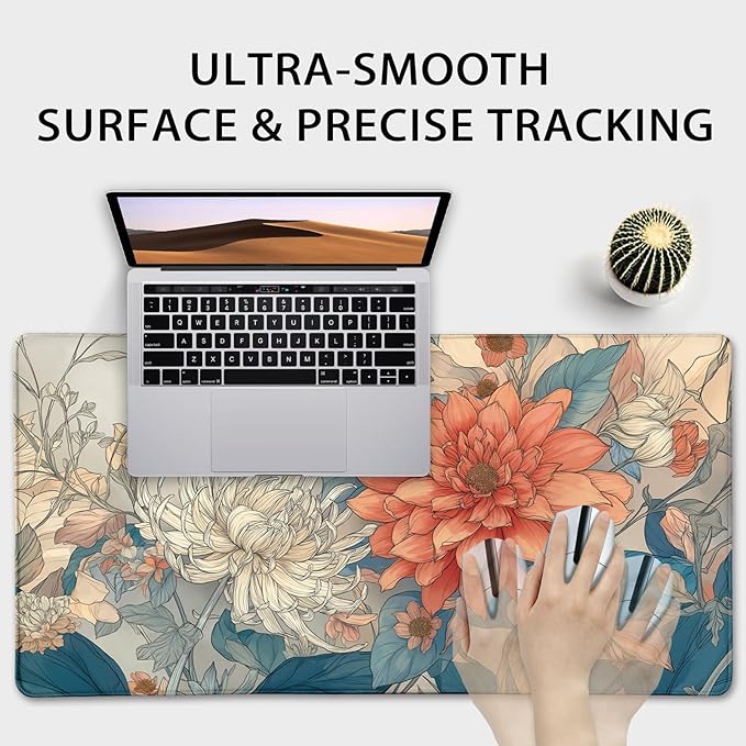 Japanese Minimalist Floral Large Gaming Mouse Pad 31.5"x15.7"｜ Aesthetic Flower XXL Desk Mat, Non-Slip Rubber Base & Stitched Edges - Extended Mousepad for PC/Laptop/Office/Home Decor