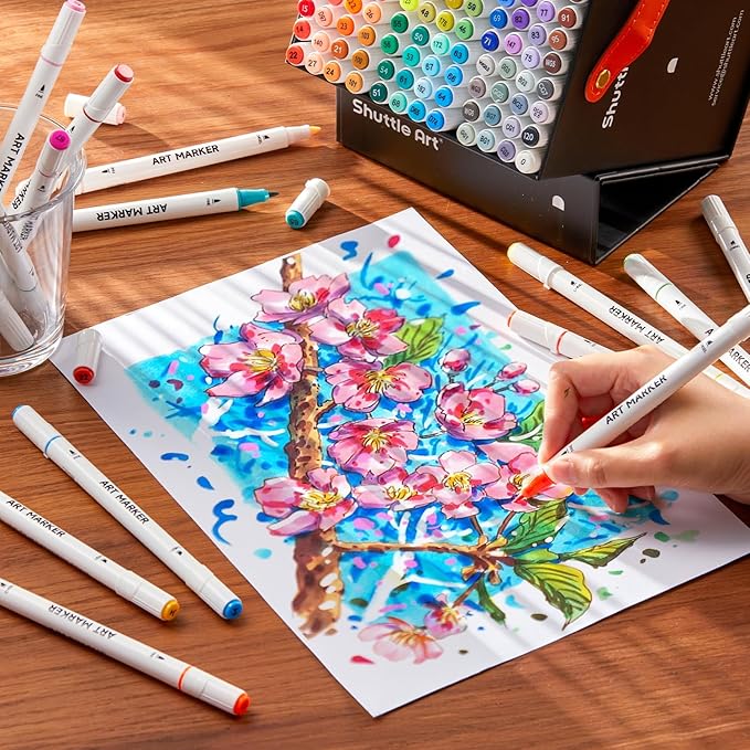 Shuttle Art 101 Colors Alcohol Markers, 100 Colors Dual Tip Art Marker Set Plus 1 Colorless Blender with Marker Case Perfect for Illustration Students Adult Coloring Sketching