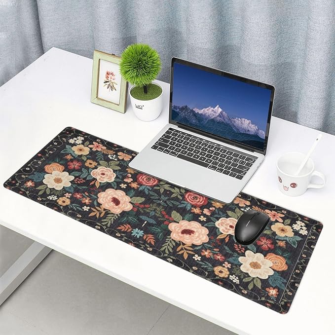 Gaming Mouse Pad, Large Non-Slip Rubber Base Mousepad, Keyboard Mouse Mat, Desk Pad with Stitched Edges, 31.5x11.8inch, Wilde Flower