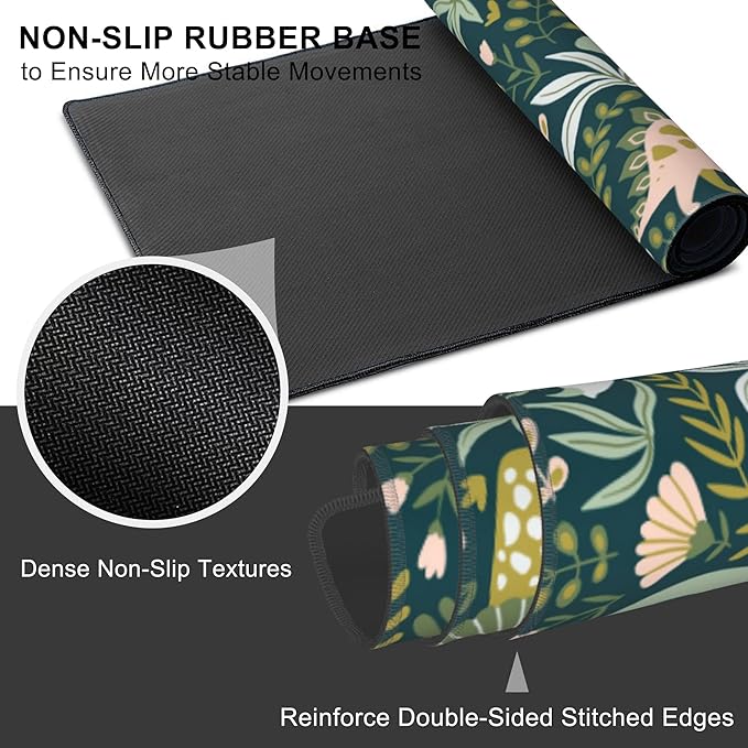 Mouse Pad, Large Dinosaurs with Tropical Plants Desk Mat, Extended Non-Slip Gaming Keyboard Mousepad Desk Pad, Thick Stitched Edges Waterproof Mouse Mat 31.5"x15.7" (Cute Dino and Flowers)