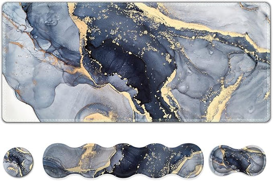 Extended Gaming Mouse Pad, Keyboard Wrist Rest Pad, Wrist Support Mousepad Set, Artso Large Stable Rubber Base Stitched Edges, Multifunctional Desk Pad (35 x15.5 in) for Work, Game, Navy Blue Marble