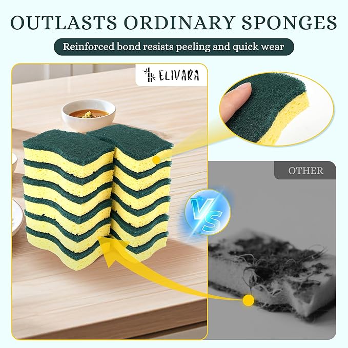 ELIVARA Kitchen Sponges – 12 Pack – Non-Scratch Dual-Sided Cellulose Scrub Sponges for Dishes, Pots, and Pans – Durable, Absorbent, and Reusable (Green/Yellow)