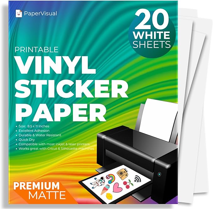Premium Printable Vinyl Sticker Paper for Inkjet and Laser Printer - 20 White Matte Sticker Paper Waterproof - Excellent Adhesion Paper 8.5 x 11, Fast Dry, Holds Ink Well, Great for Cutting Machines