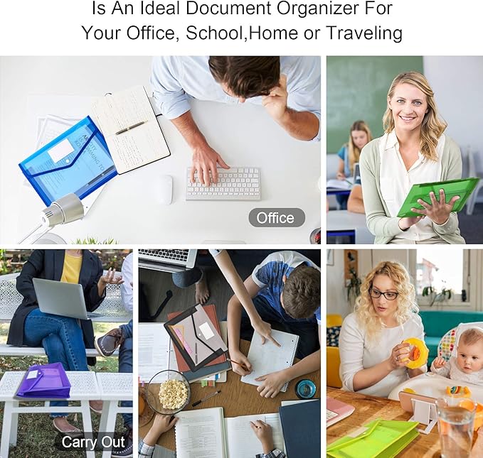 CHEPULA A4 Plastic File Folder Poly Envelope Expanding File Wallet Document Organizer with Snap Closure & Label Pocket Clear Colored Waterproof Accordion File Pouch for Office Home Storage