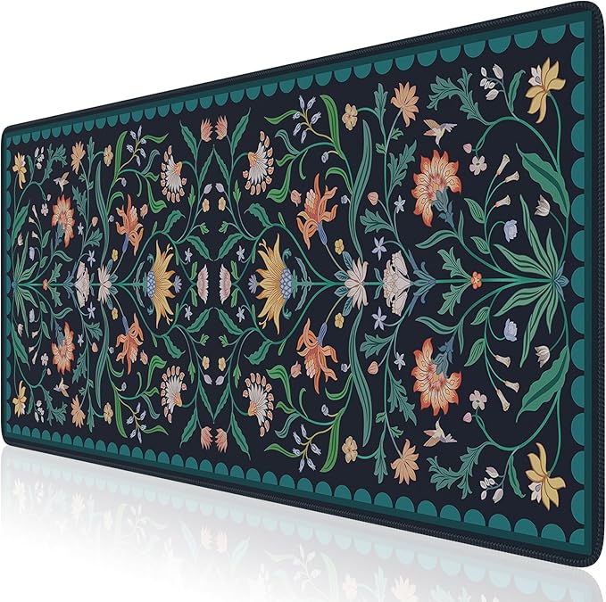 HAOCOO Navy Blue Iris Desk Mat, Large Mouse Pad, Non-Slip Keyboard Mat, Water-Resistant Computer Pad with Edge Stitching, Vintage Floral Desk Cover Mat, Desk Protector for Office, Home