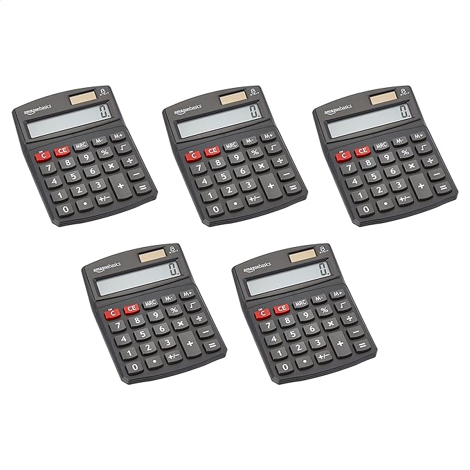 Amazon Basics LCD 8-Digit Desktop Calculator, Portable and Easy to Use, Black, 5-Pack