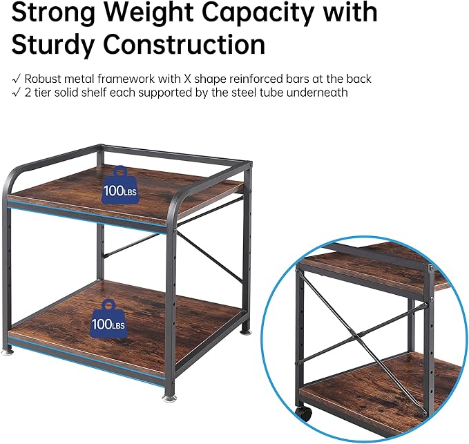 Under Desk Printer Stand, 20 Inches Deep Large Printer Table with Height Adjustable Storage Shelf, 2 Tier Rolling Printer Cart with Wheels for Home Office - Rustic Brown