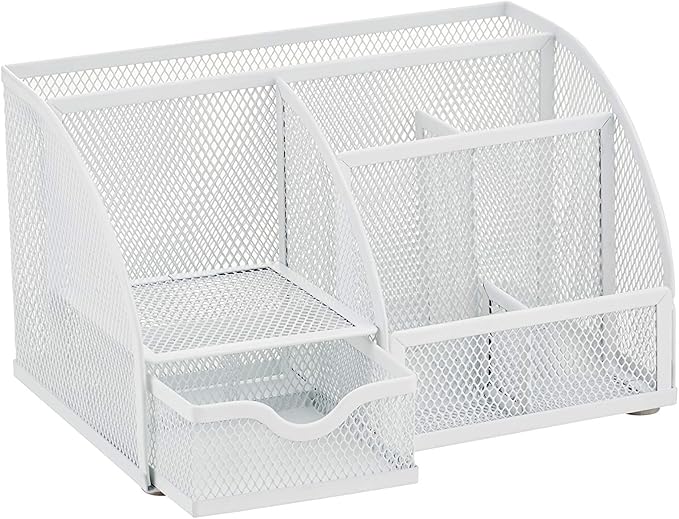 Annova Mesh Desk Organizer Office with 7 Compartments + Drawer/Desk Tidy Candy/Pen Holder/Multifunctional Organizer (White)