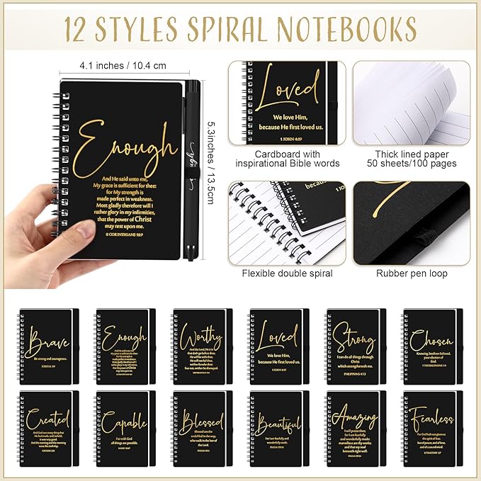 Kosiz 48 Sets Inspirational Christian Gifts Bulk Christian Notebooks Prayer Journals with Pens Spiral Bible Journals Religious Gifts for Church Grandparent Pastors Day Sunday School (Black)