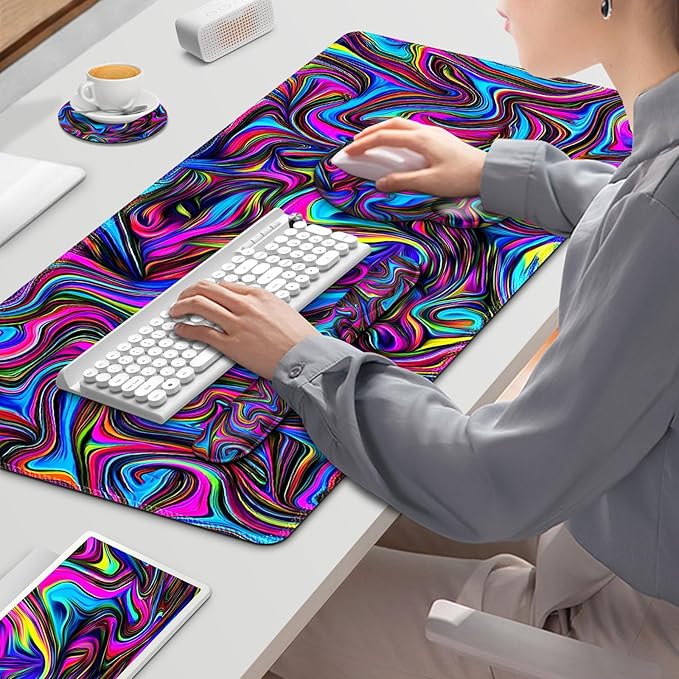 Gaming Mouse Pad, Large Desk Mat, Cute Desk Pad Protector, 4in1 XXL Mousepad + Keyboard Wrist Rest+Mouse Wrist Rest+Coaster Set with Ergonomic Desk Pad for Home Office Computer, Dazzling Bright Color