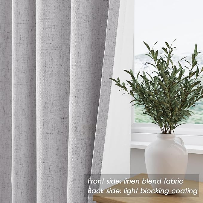 100% Blackout Linen Curtains 102 Inches Long 2 Panels Set for Bedroom Grey Back Tab Black Out Curtains Modern Urban Noise Cancelling Total Light Blocking Window Curtains 102 Length 52X102