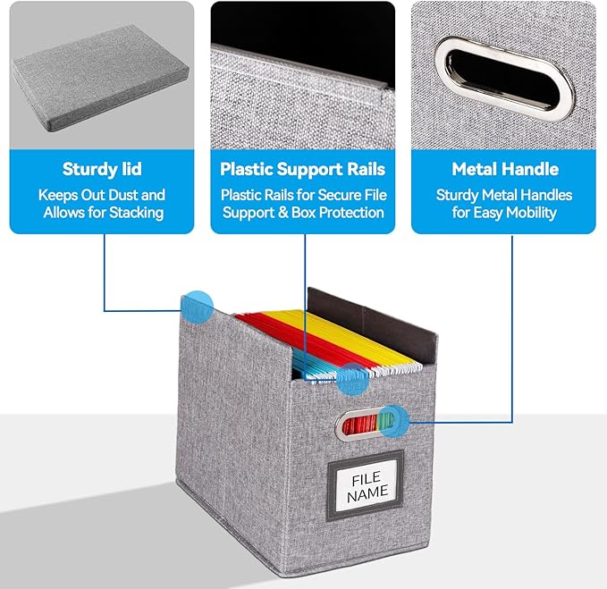 4 Pack Hanging File Folders Organizer with Lid, Letter Size Fabric File Storage Box Collapsible, Portable Office Document Holder with Metal Handle, Smooth PVC Rails, Gray