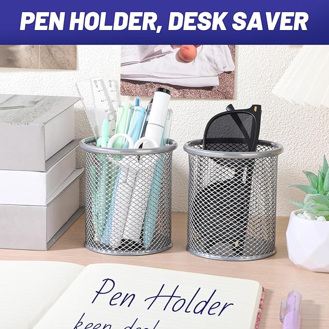 Segarty Pen Cup Holder for Desk, 12 Pack Round Silver Pen Holder, Wire Mesh Pencil Cups Containers Marker Organizer Set for Office Supplies, School, Desktop Accessories, Makeup Brush