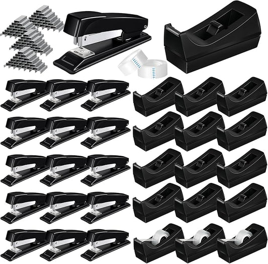 Thenshop 30 Pcs Desk Staplers Tape Dispensers Sets Black Staplers for Desktop Office with Standard Staples Black Holder with White Tape for Office School