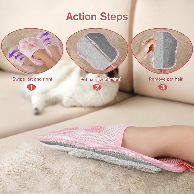 Steinfinit Reusable Pet Hair Removal Gloves, Suitable for Removing Pet Hair from Clothing, Sofas, Carpets, and Car Seats, 1 Pcs with Hanging Hooks, Size 9.8 x 7.87 x 0.5 in (Pink)