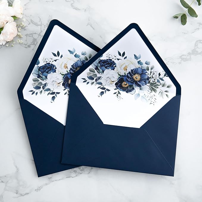 PONATIA 50PCS A7 Euro Flap Envelopes, 5.25 x 7.25'' Liner Envelope For 5x7'' Weddings Invitation Cards, Christmas Gift Cards, Acrylic Invitations, Photos (Navy Blue)