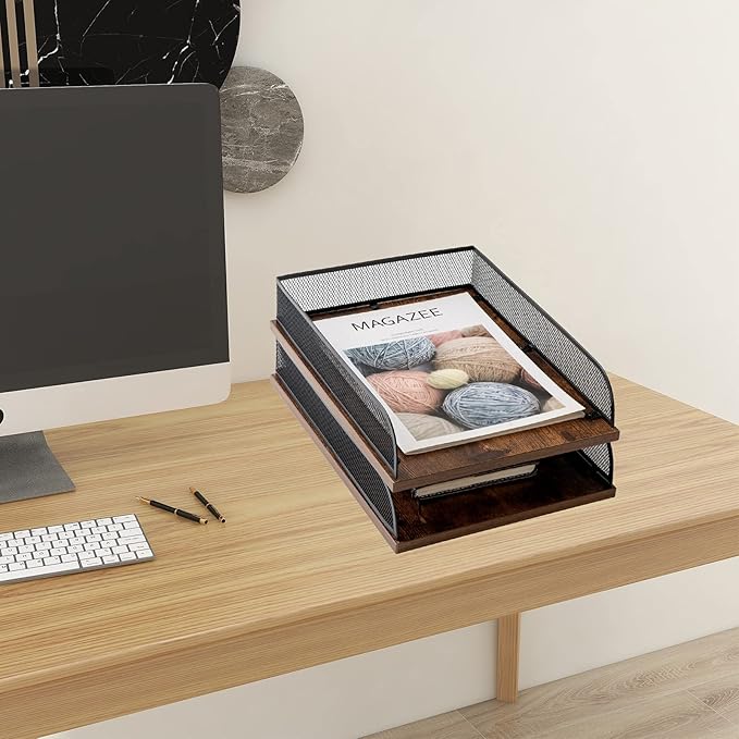 Set of 2 Vintage Wood & Metal Letter Tray，Desk Organizers Paper Tray，Office File Organizer(Black)