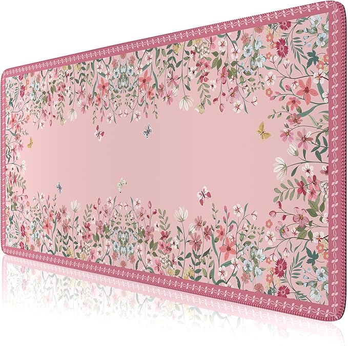 HAOCOO Rose Desk Pad Mat Floral, Cute Desk Matt for Desktop, Non-Slip Large Mouse Pad with Edge Stitching, Waterproof Keyboard Mat for Gaming, Office, Women Office Aesthetics