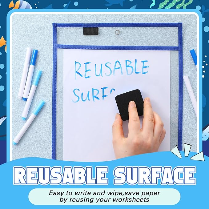 24 Pack Dry Erase Pocket Reusable Sleeves 10" x 14" Clear Plastic Sheet Protectors with Dry Erase Markers and Mini Sleeves Paper Teacher Supplies(Ocean Teal)