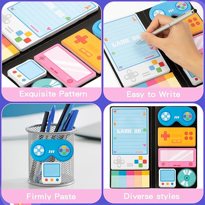 B1ykin Sticky Notes Set - Cartoon Theme Cute Self-Stick Notes Pad Teacher Appreciation Gifts， Self-Adhesive Writing Memo Pages Sticky to Do Notepad for Kids Employee School Office (Black Video Game)