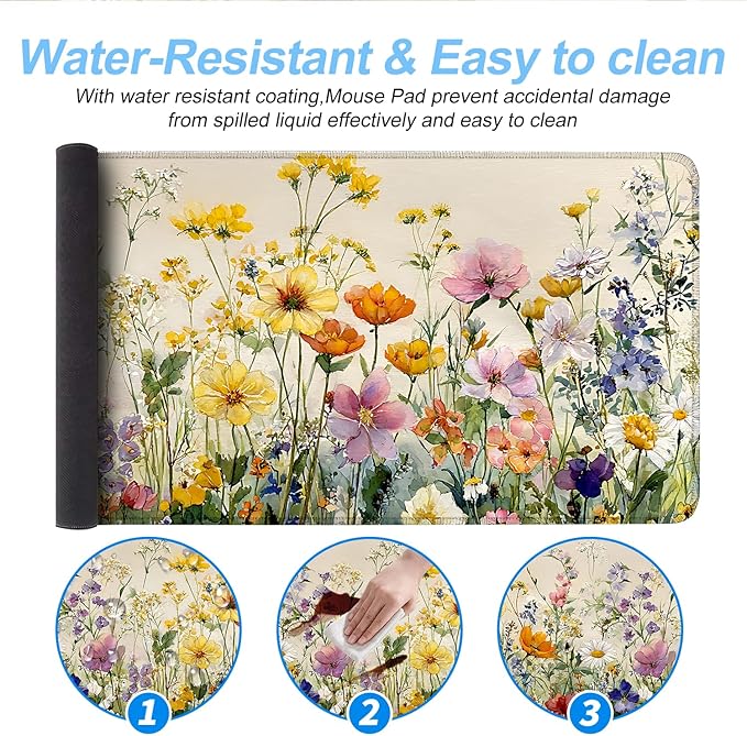 31.5" x 11.8" Watercolor Floral Mouse Pad – Vibrant Wildflower Garden Desk Mat with Daisy, Poppy & More – Extended Non-Slip Mouse Pad for Home Office Decor