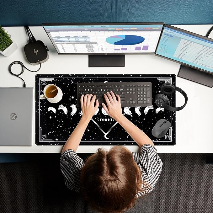 Black Desk Mat Cute Cats Mouse Pad XXL, Funny Gaming Desk Pad, Cute Desktop Mat for Keyboard and Mouse, Extra Large Full Desk Computer Pads, Kawaii Stars Horoscope Desk Decor 31.5" x 15.7"