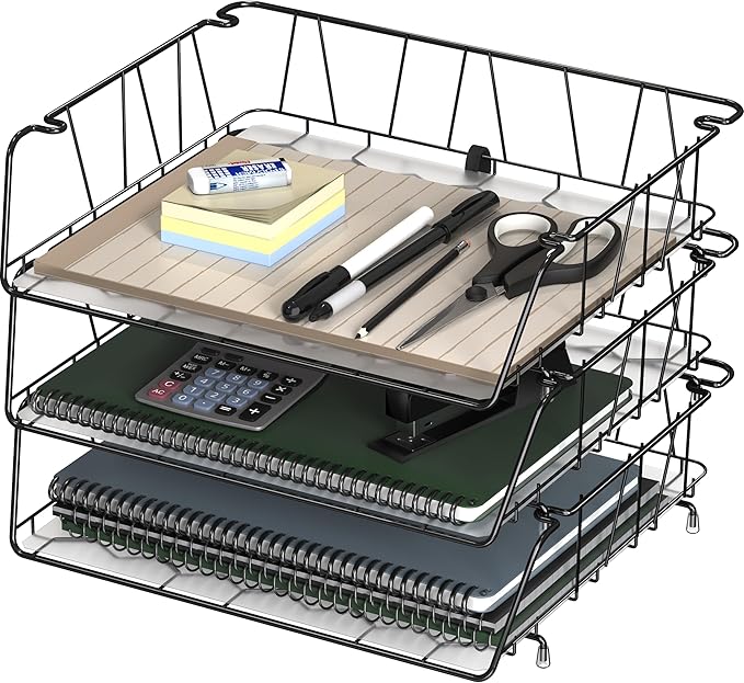 SimpleHouseware Stackable Wide Entry Desk File Document Letter Tray with Liner, Wire Grid, 3 Packs, Black