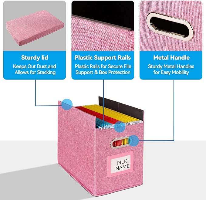 2 Pack Hanging File Folders Organizer with Lid, Letter Size Fabric File Storage Box Collapsible, Portable Office Document Holder with Metal Handle, Smooth PVC Rails, Pink