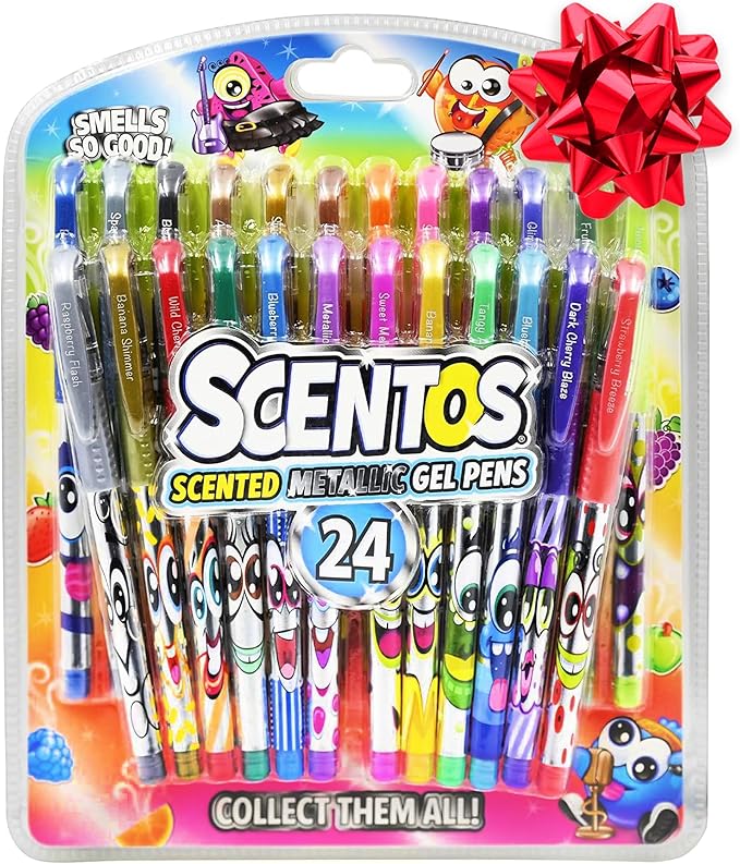 Scentos 24-Pack Scented Metallic Gel Pens for Kids – Non-Toxic Gel Ink for Drawing, Coloring & Journaling – Sweet Scents – Safe Art Supplies for Ages 3+