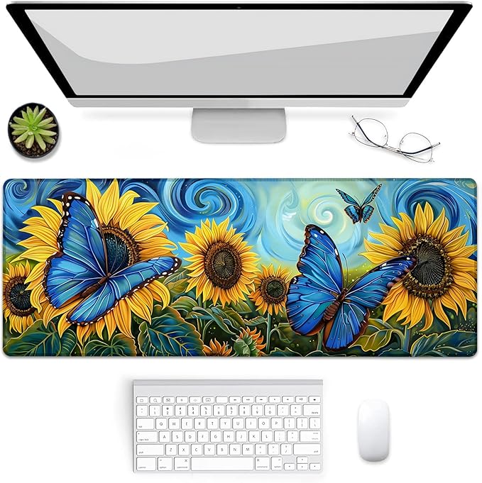 Gaming Mouse Pad, Sunflower and Blue Butterfly Mouse Pad, Desk Mat, Non-Slip Rubber Base MousePads for Computers Laptop Office School Home Accessories Decor 31.5" x 11.8"