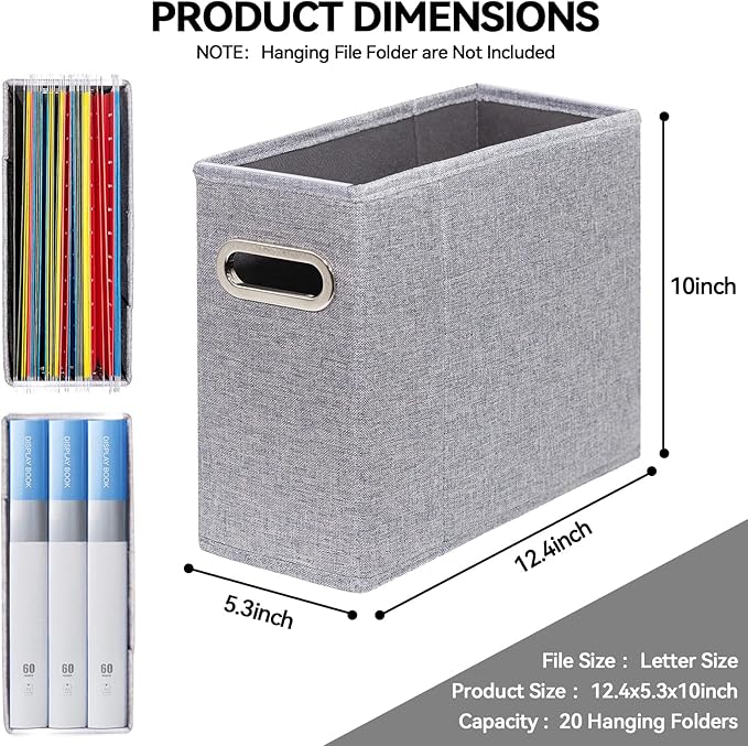 2 Packs Letter Size File Organizer, File Folders Organizer, Fabric Storage Box, Collapsible Paper Organizer with Metal Handle, Smooth PVC Rails, Only Box (Gray)