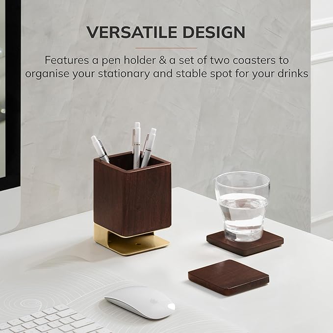 Anji Mountain Mango Wood Pen Holder with 2 Coasters, Stained Wood & Powder Coated Metal Pen Holder, Sustainable Room Decor Desk Organizer, Stylish Designer Pencil Case for Office Supplies