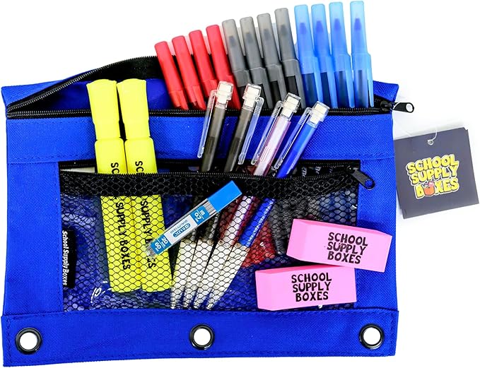 Secondary School Pencil Bag Kit (24 Pack) – Mechanical Pencils, Black, Blue & Red Pens, Highlighters, Erasers & Lead Refill – Pre-Filled Pencil Pouch – Middle & High School