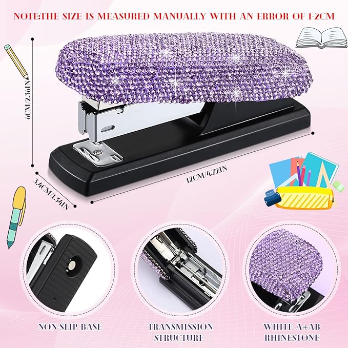 Yexiya Bling Crystal Stapler Gift Sparkly Diamond Stapler for Desk Handmade Clay Rhinestone Machine Pretty Office Stationery Kit Stylish Accessory for Women Lady Christmas(Purple)