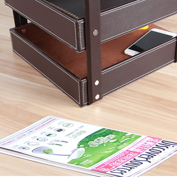 Very Sturdy 3 Tier Leather Desk File Rack for Office Supplies/Stationery/Folder,Stackable Letter Tray Organizer,Document Filing Organizer Holder for Desktop Storage (Brown)…
