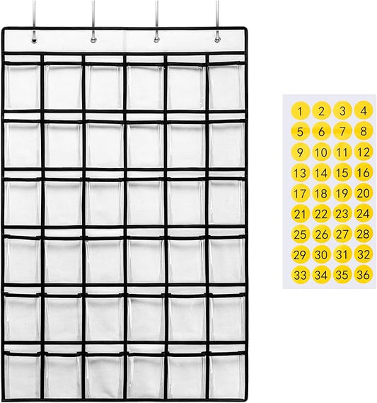 36 Clear Pockets Classroom Pocket Chart for Cell Phones, Pocket Chart for Calculator Phone Holder with 36 Number Stickers and Hooks (White)