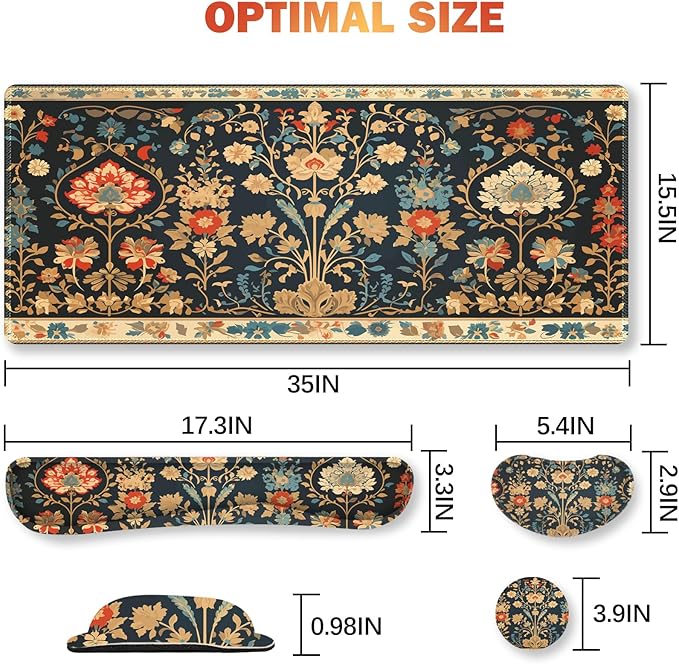ARTSO Desk Mat Set - Extended Gaming Mouse Pad with Wrist Rest Support + Keyboard Wrist Rest + Large Coaster, Retro Flower Plant