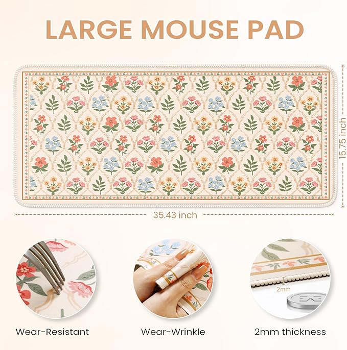 iCasso Large Mouse Pad,Floral Desk Mat,Non Slip Desk Pad,Computer Mats for Desktop, Gaming Mouse Pad 15.7X35.4 Inches,Comfortable Lycra Surface Keyboard Pad for Office Home School (Beige)