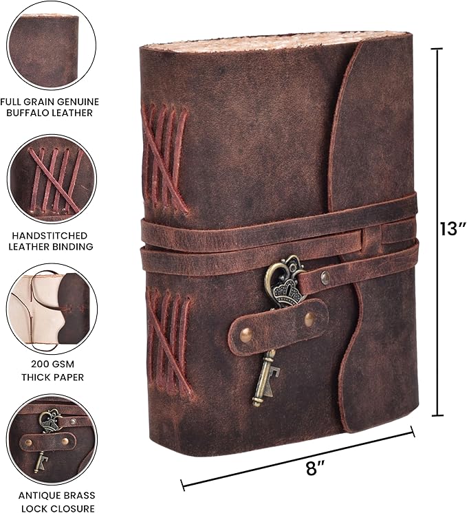 LEATHER VILLAGE Vintage Leather Journal – 200 Handmade Vintage Deckle Edge Paper – Leather bound Journal For Women Men – Vintage Key Closure - Book of Shadows - 13X8 inches - Fuchsia