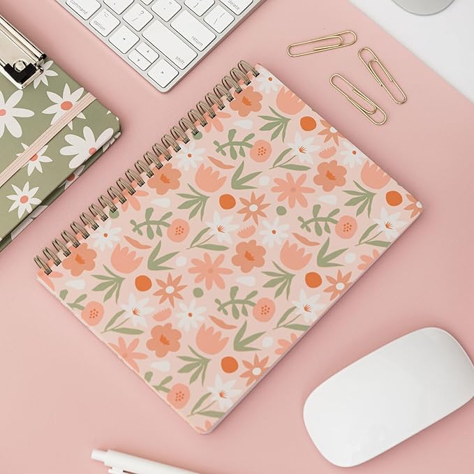 Steel Mill & Co Cute Mini Spiral Notebook, 8.25" x 6.25" Journal with Durable Hardcover and 160 Lined Pages, Star Floral, Blush