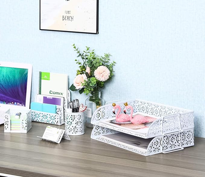 EasyPAG 5-Piece Desk Organizer Set with Carved Floral Design - No Assembly Stackable 2-Tier File Tray, Letter Sorter, Pen & Card Holders for Office/Home/Dorm, White