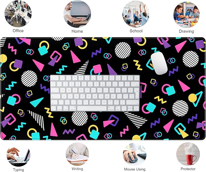 Retro 80s Desk Mat, Cute 90s XXL Large Gaming Mouse Pad, Black Boho Desk Pad with Stitched Edges, Computer Laptop Keyboard and Mouse Mat, Aesthetic Office Decor Non-Slip Mosuepad, 31.5x15.75 in