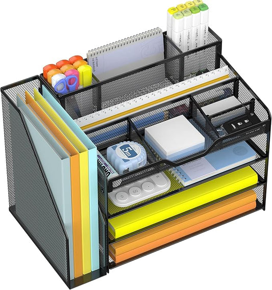 Docnest 4 Tier Mesh Desk Organizer with File Holder – Multi-Functional Paper Letter Tray with 5 Adjustable Compartments, 3 Pen Holders, Desktop Storage for Files, Mail, Stationery – Black