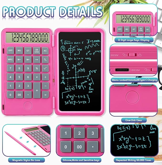 Hion Calculator,12-Digit Large Display Office Desk Calcultors with Erasable Writing Table,Rechargeable Hand held Multi-Function Mute Pocket Desktop Calculator for Basic Financial Home School (Pink)