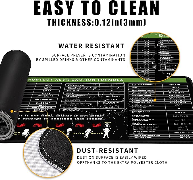 Excel Cheat Sheet Desk Pad Excel Shortcut Keys Mouse Pad Gaming Mouse Pad Desk Accessories Waterproof Non-Slip Large Computer Mat, 31.5x11.8 in (Excel Cheat Sheet)