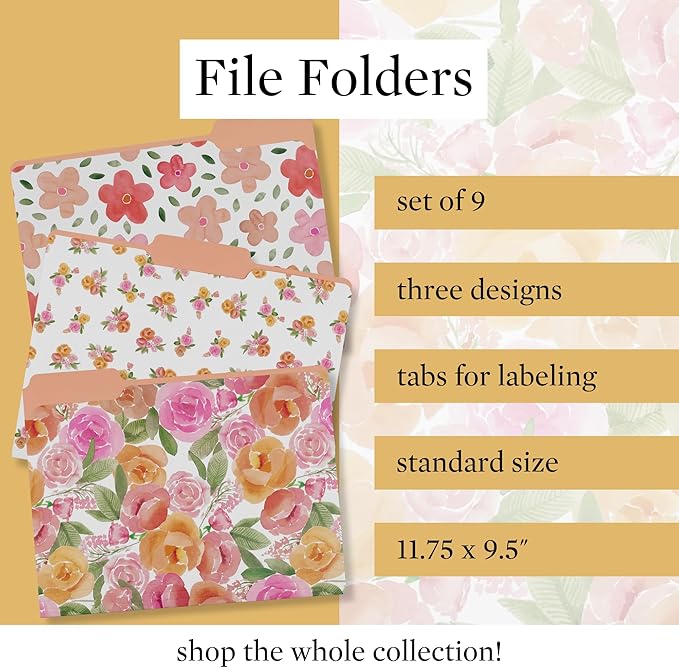 Steel Mill & Co Cute File Folders, Set of 9, Document Organizer for Filing Cabinet, Decorative Letter Size Files, Full Posey/Scattered Posey/Bold Floral